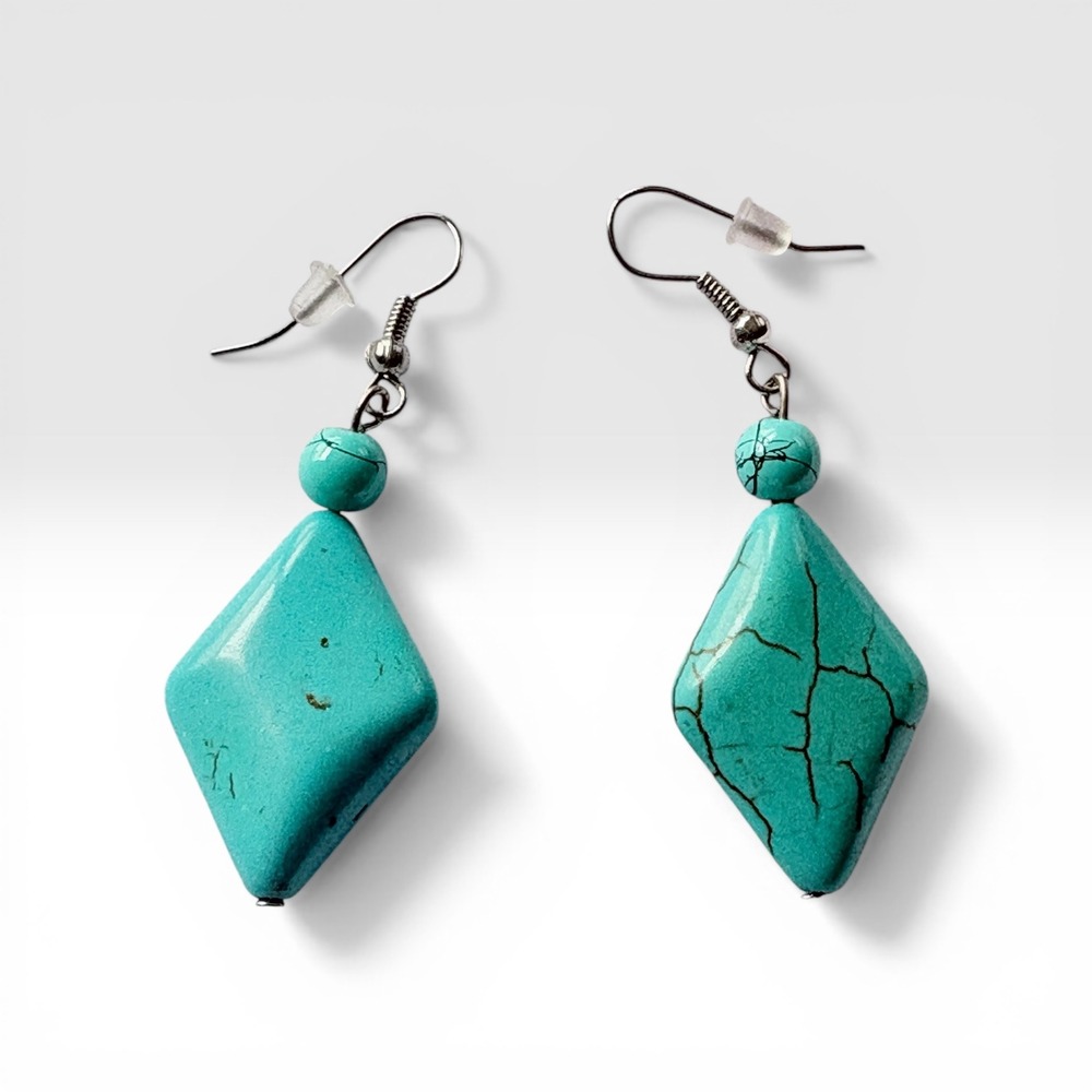 Turquoise Dangle‎ Earrings Minimalist Boho Drop Silver Tone Geometric